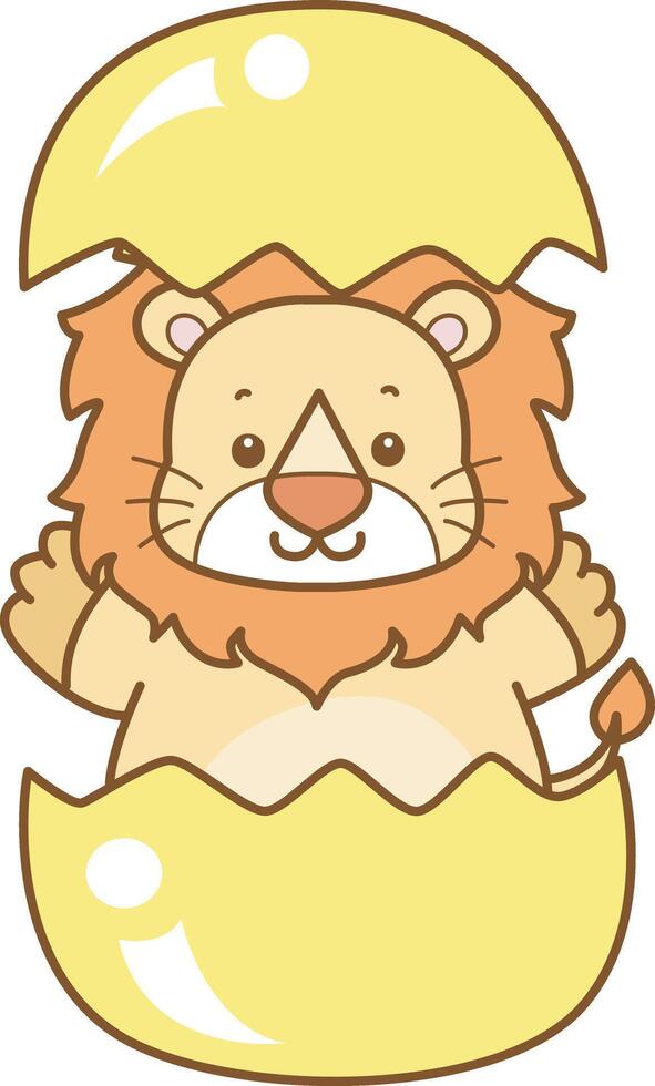 Baby lion in the crack of eggs. Cute Lion icon. Funny baby Lion animal series stock illustration. life of fluffy Lion designs. vector