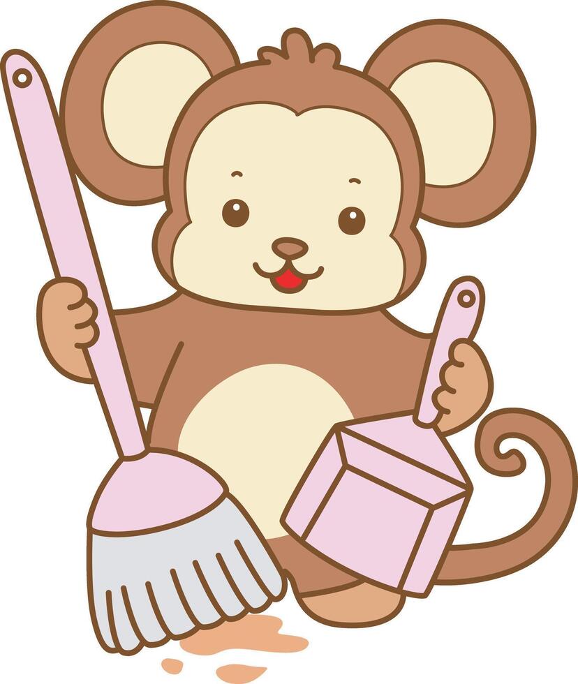 Baby monkey cleaning the floor with broom and duster. Cute Monkey icon. Funny baby Monkey animal series stock illustration. life of fluffy Monkey designs. vector