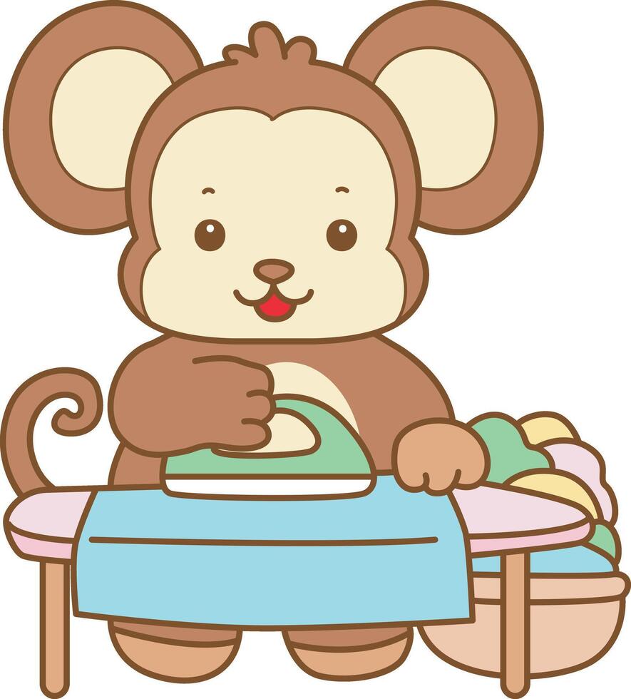 Baby monkey ironing the clothes. Cute Monkey icon. Funny baby Monkey animal series stock illustration. life of fluffy Monkey designs. vector