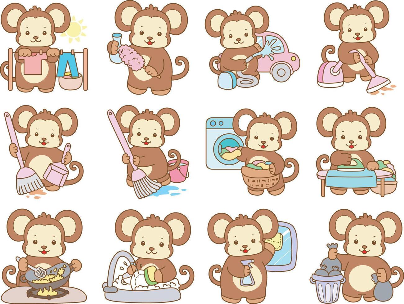 Variation of chores and cleaning service of baby monkey. Cute Monkey icon. Funny baby Monkey animal series stock illustration. life of fluffy Monkey designs. vector