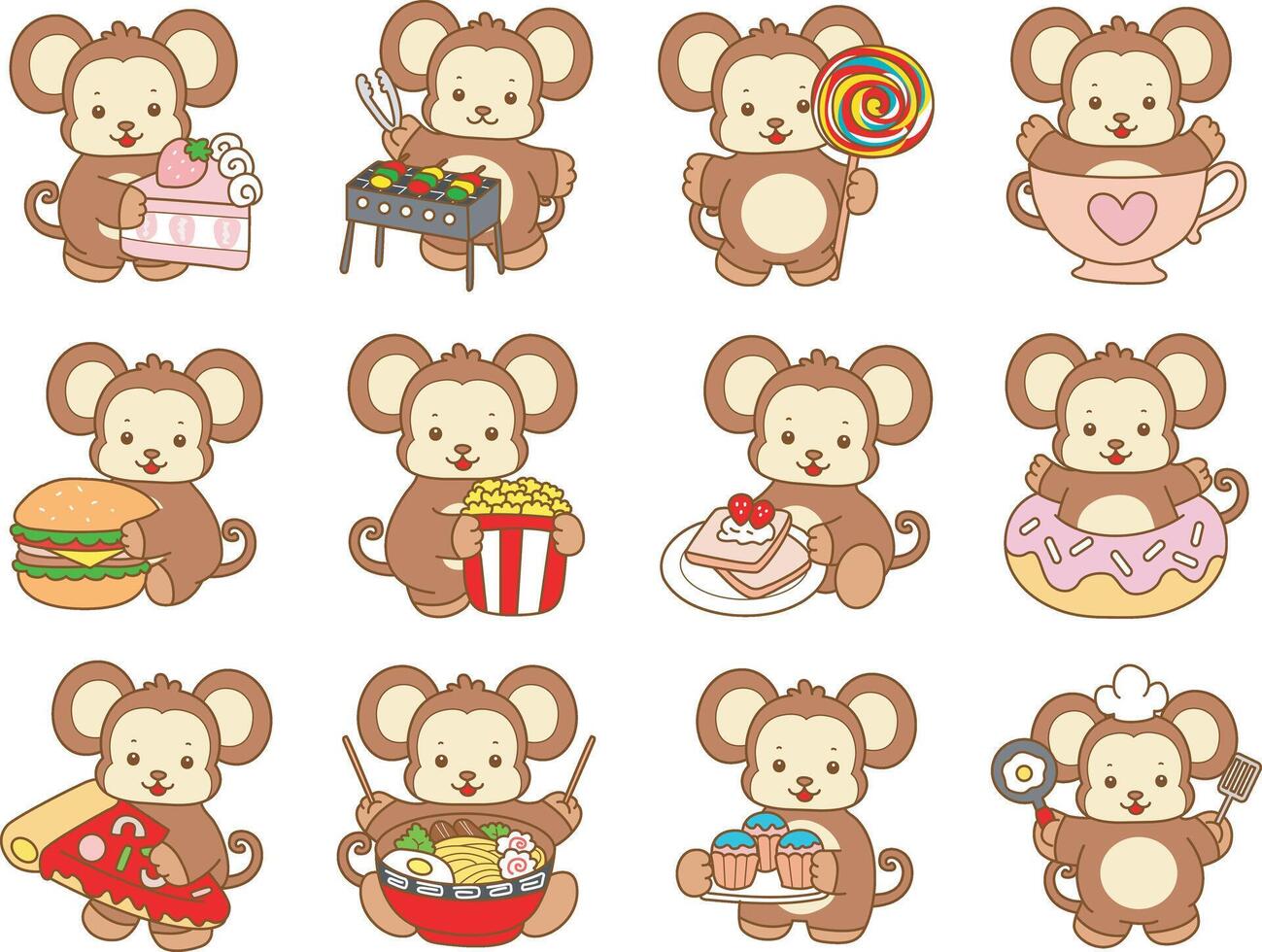 Baby monkey in the variation of fast food and dessert. Cute Monkey icon. Funny baby Monkey animal series stock illustration. life of fluffy Monkey designs. vector