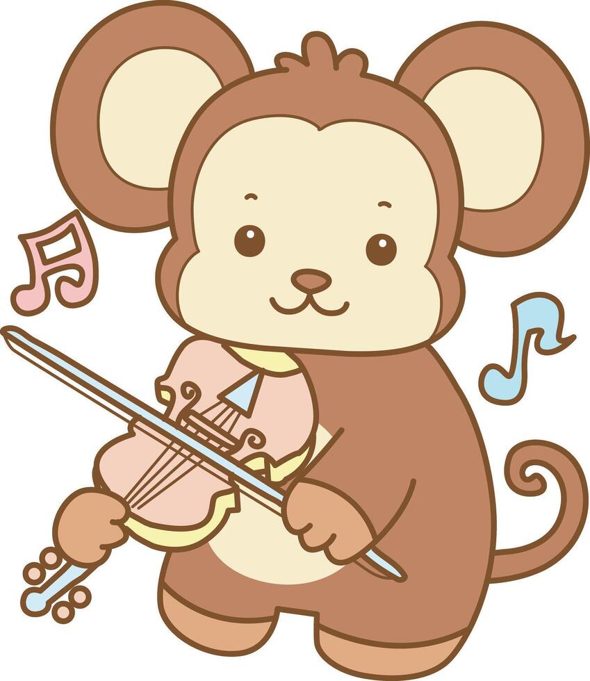 Baby monkey playing violin. Cute Monkey icon. Funny baby Monkey animal series stock illustration. life of fluffy Monkey designs. vector
