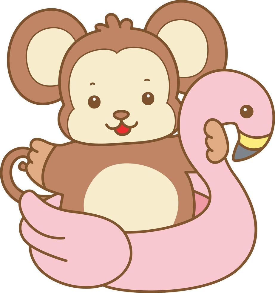 Baby monkey stuck in the flamingo tire. Cute Monkey icon. Funny baby Monkey animal series stock illustration. life of fluffy Monkey designs. vector