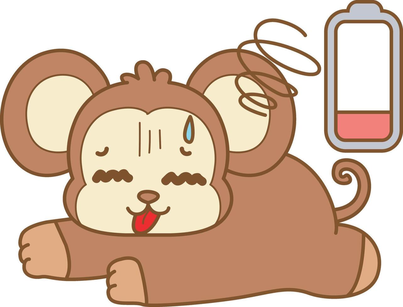 Baby monkey is in the low battery situation. Cute Monkey icon. Funny baby Monkey animal series stock illustration. life of fluffy Monkey designs. vector