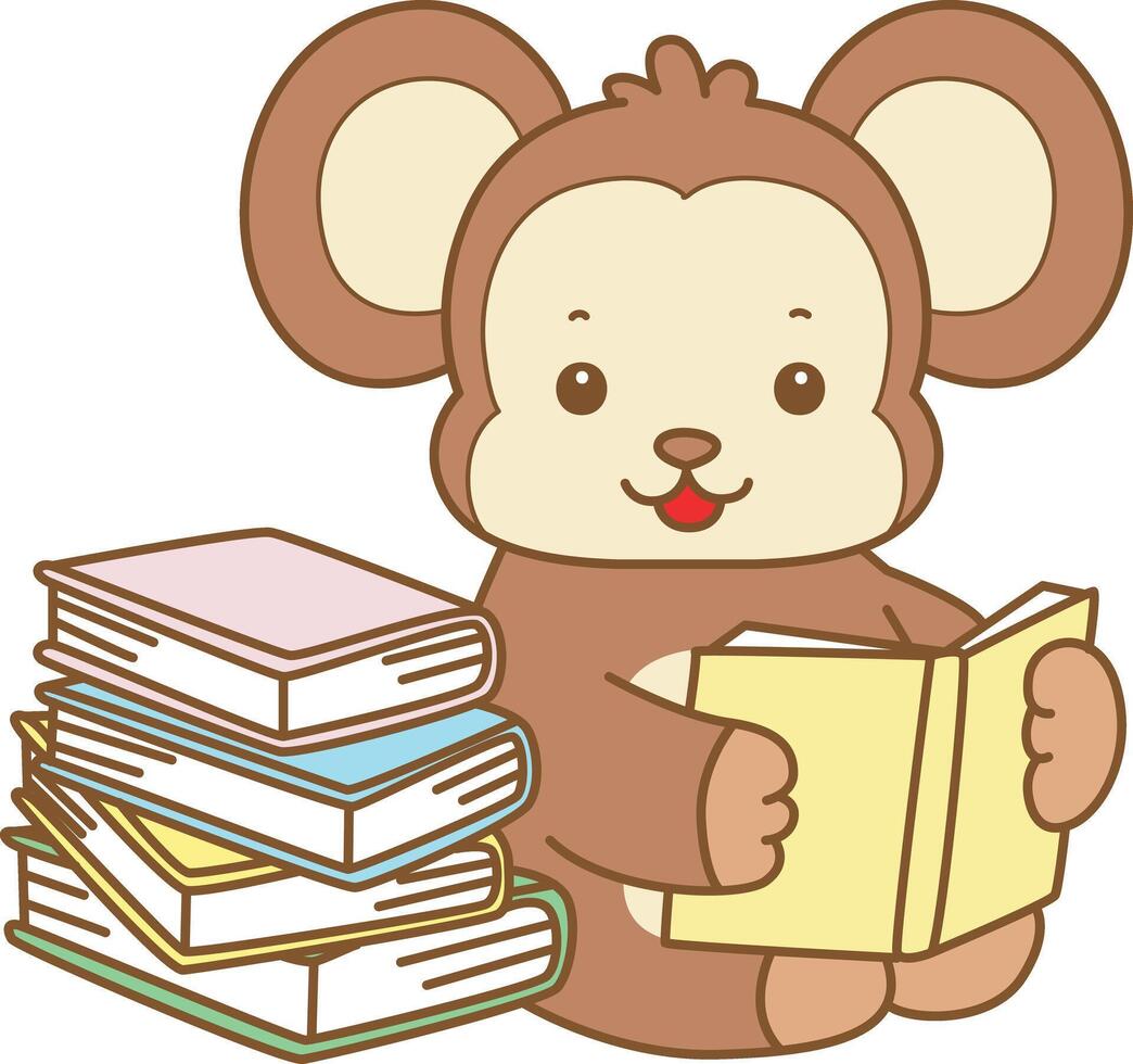 Baby monkey reading a book. Cute Monkey icon. Funny baby Monkey animal series stock illustration. life of fluffy Monkey designs. vector