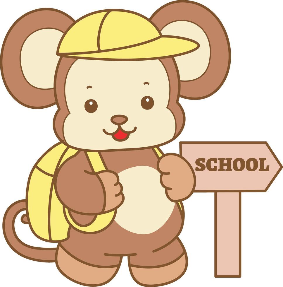 Baby monkey want to going to school. Cute Monkey icon. Funny baby Monkey animal series stock illustration. life of fluffy Monkey designs. vector