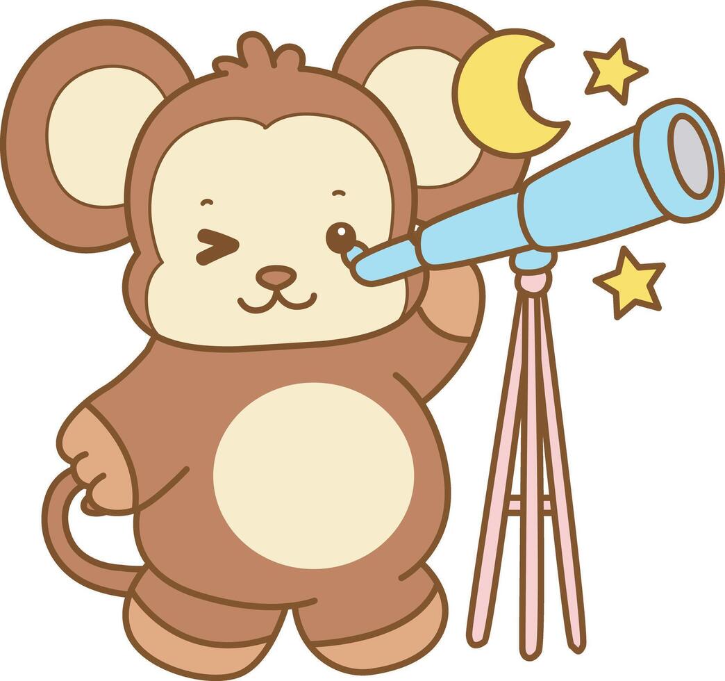 Baby monkey see the moon with telescope. Cute Monkey icon. Funny baby Monkey animal series stock illustration. life of fluffy Monkey designs. vector