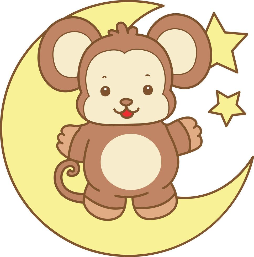 Baby monkey stand up n the moon. Cute Monkey icon. Funny baby Monkey animal series stock illustration. life of fluffy Monkey designs. vector