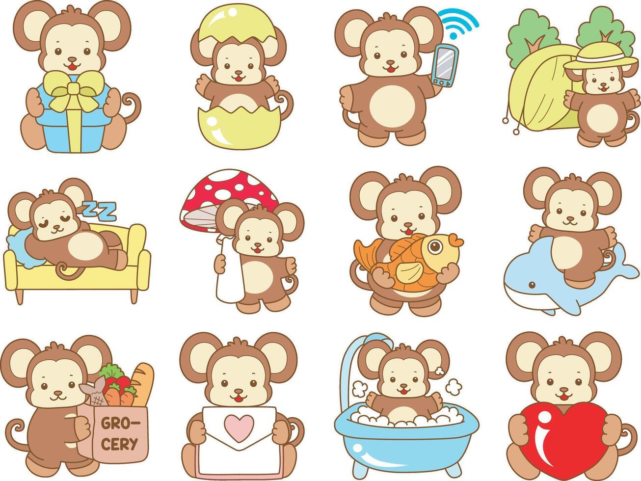Baby monkey in the variation of activities daily life. Cute Monkey icon. Funny baby Monkey animal series stock illustration. life of fluffy Monkey designs. vector