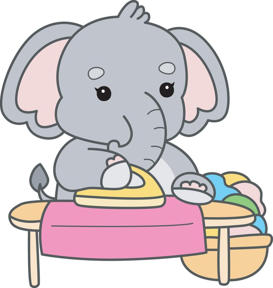 Baby elephant ironing the clothes. Cute Elephant icon. Funny baby Elephant animal series stock illustration. Life of fluffy Elephant designs. vector