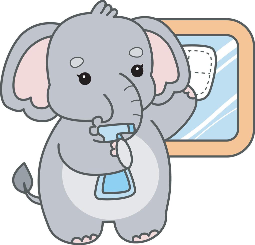 Baby elephant clear the window with wipe and spray. Cute Elephant icon. Funny baby Elephant animal series stock illustration. Life of fluffy Elephant designs. vector