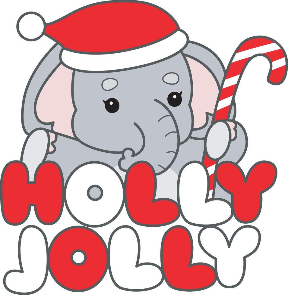 Baby santa elephant with holly jolly text. Cute Elephant icon. Funny baby Elephant animal series stock illustration. Life of fluffy Elephant designs. vector