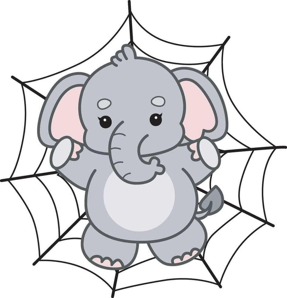 Baby elephant stuck in the web in halloween. Cute Elephant icon. Funny baby Elephant animal series stock illustration. Life of fluffy Elephant designs. vector