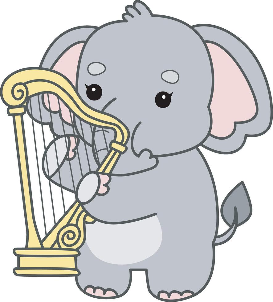 Baby elephant playing harpa. Cute Elephant icon. Funny baby Elephant animal series stock illustration. Life of fluffy Elephant designs. vector
