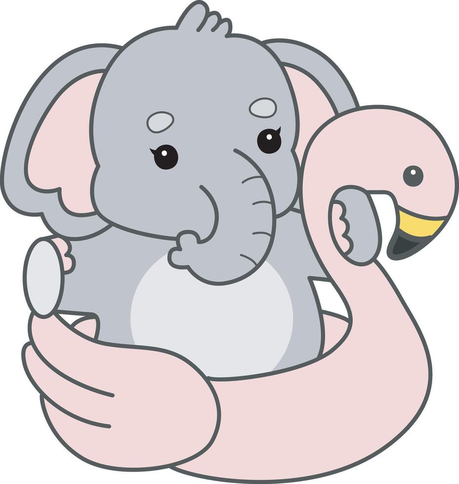 Baby elephant stuck in the flamingo tire. Cute Elephant icon. Funny baby Elephant animal series stock illustration. Life of fluffy Elephant designs. vector