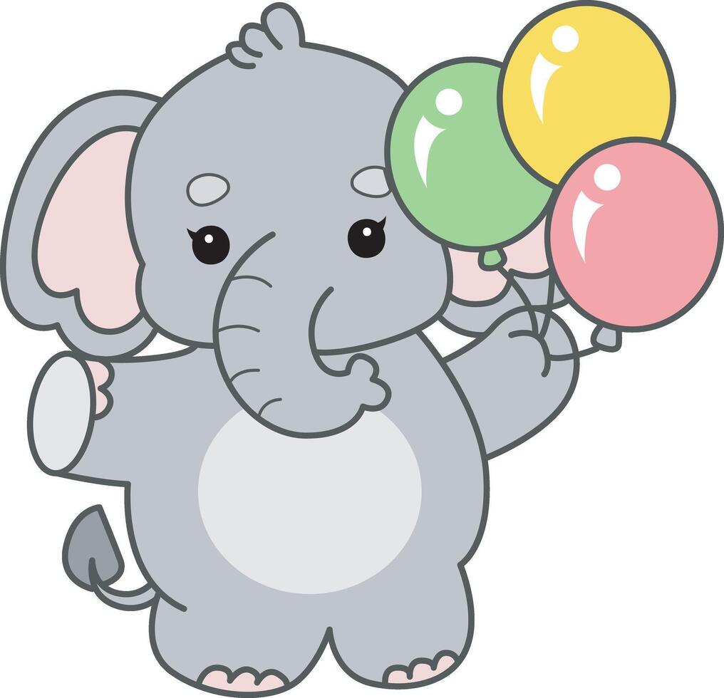 Baby elephant bring a three balloons. Cute Elephant icon. Funny baby Elephant animal series stock illustration. Life of fluffy Elephant designs. vector