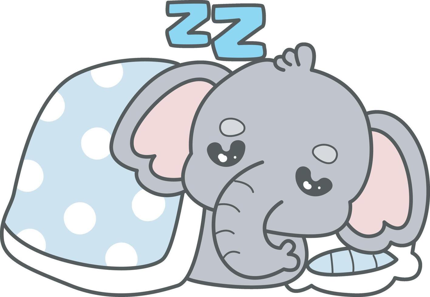 Baby elephant sleeping with blanket. Cute Elephant icon. Funny baby Elephant animal series stock illustration. Life of fluffy Elephant designs. vector