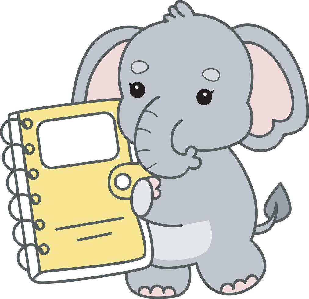 Baby elephant bring a yellow notebook. Cute Elephant icon. Funny baby Elephant animal series stock illustration. Life of fluffy Elephant designs. vector