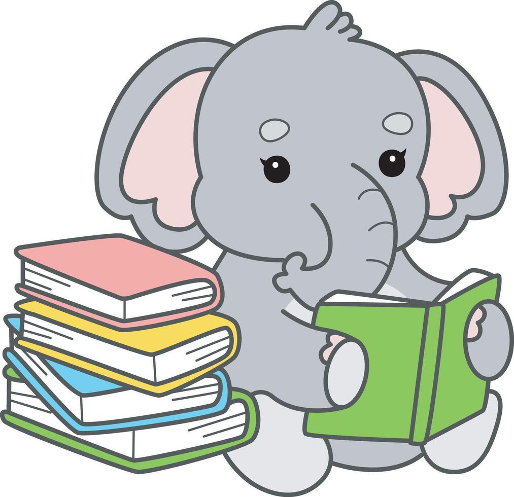 Baby elephant reading a book. Cute Elephant icon. Funny baby Elephant animal series stock illustration. Life of fluffy Elephant designs. vector