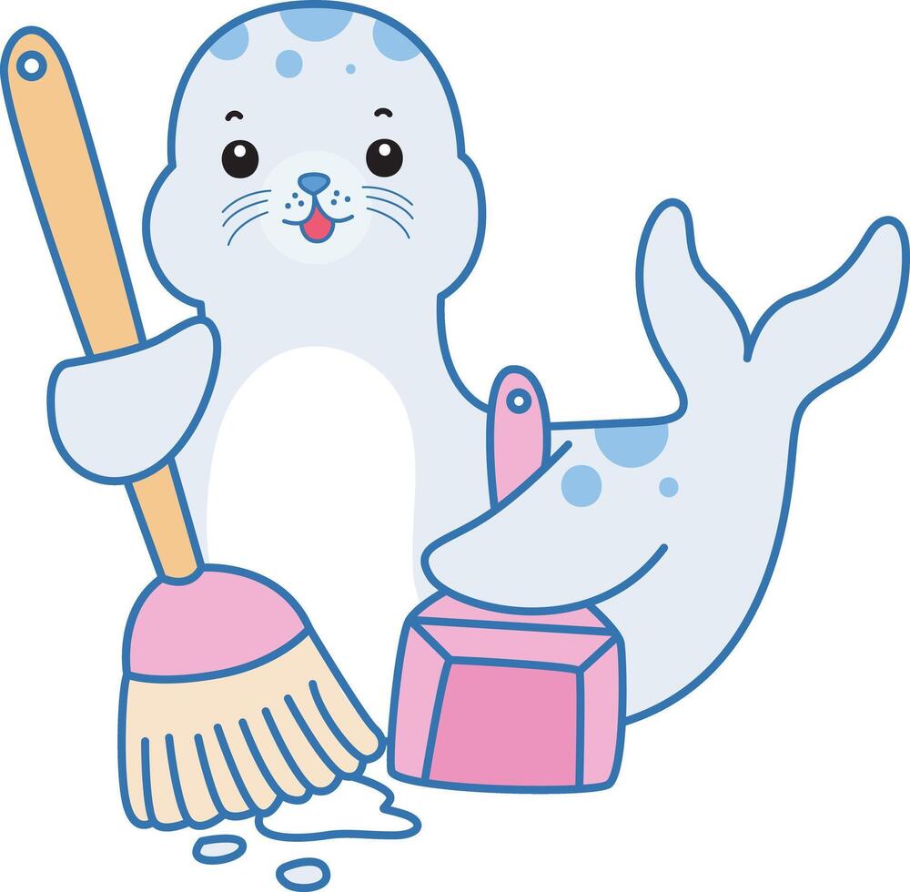 Baby seal cleaning the floor with broom and duster. Cute Seal icon. Funny baby Seal animal series stock illustration. Life of fluffy Seal designs. vector