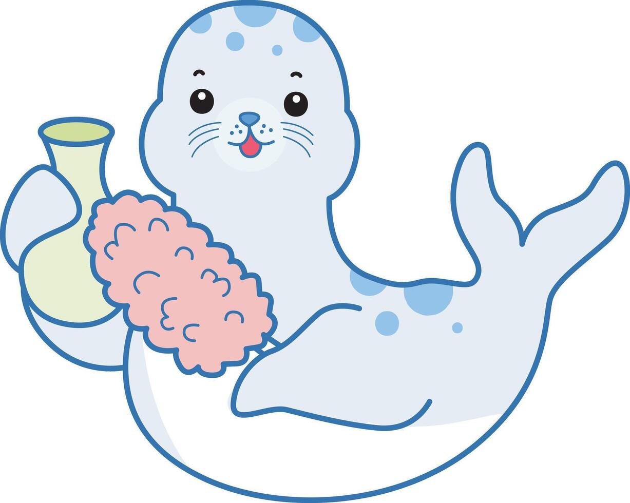 Baby seal cleaning the vase with feather duster. Cute Seal icon. Funny baby Seal animal series stock illustration. Life of fluffy Seal designs. vector