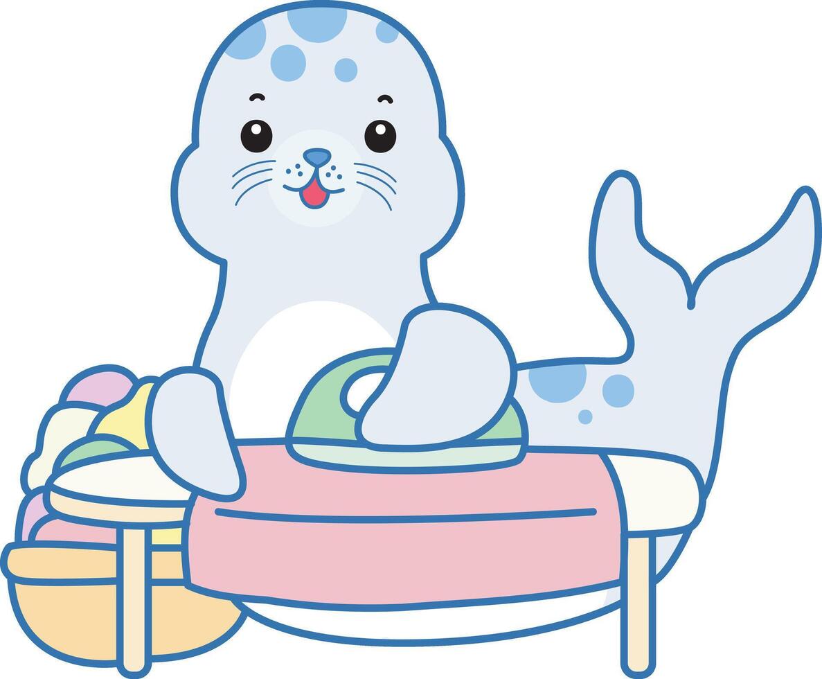 Baby seal ironing the clothes. Cute Seal icon. Funny baby Seal animal series stock illustration. Life of fluffy Seal designs. vector