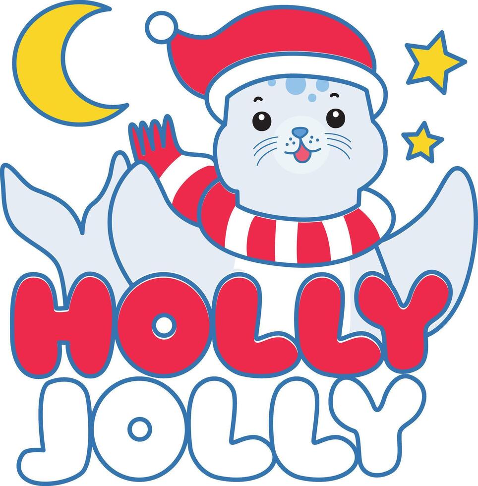 Baby santa seal with holly jolly text. Cute Seal icon. Funny baby Seal animal series stock illustration. Life of fluffy Seal designs. vector