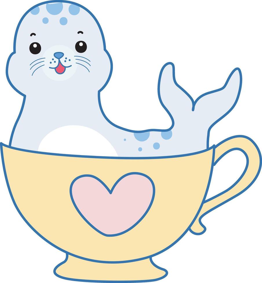 Baby seal stuck in the love tea. Cute Seal icon. Funny baby Seal animal series stock illustration. Life of fluffy Seal designs. vector
