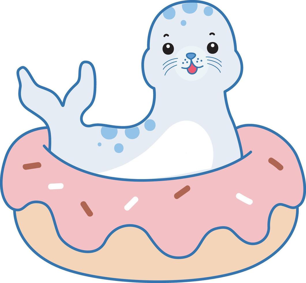Baby seal stuck in the doughnut. Cute Seal icon. Funny baby Seal animal series stock illustration. Life of fluffy Seal designs. vector