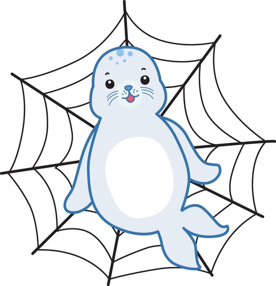 Baby seal stuck in the spider web. Cute Seal icon. Funny baby Seal animal series stock illustration. Life of fluffy Seal designs. vector