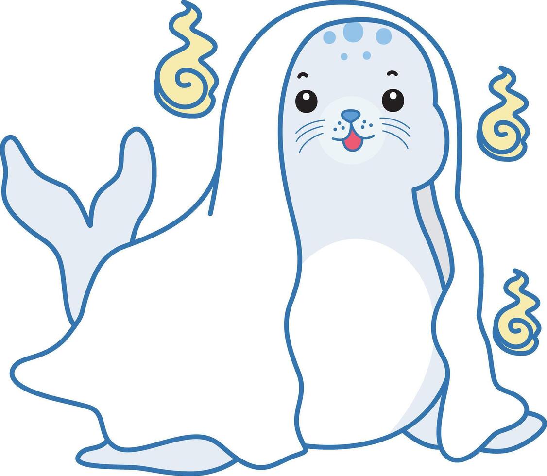 Baby seal wearing a white ghost costume in halloween.Cute Seal icon. Funny baby Seal animal series stock illustration. Life of fluffy Seal designs. vector