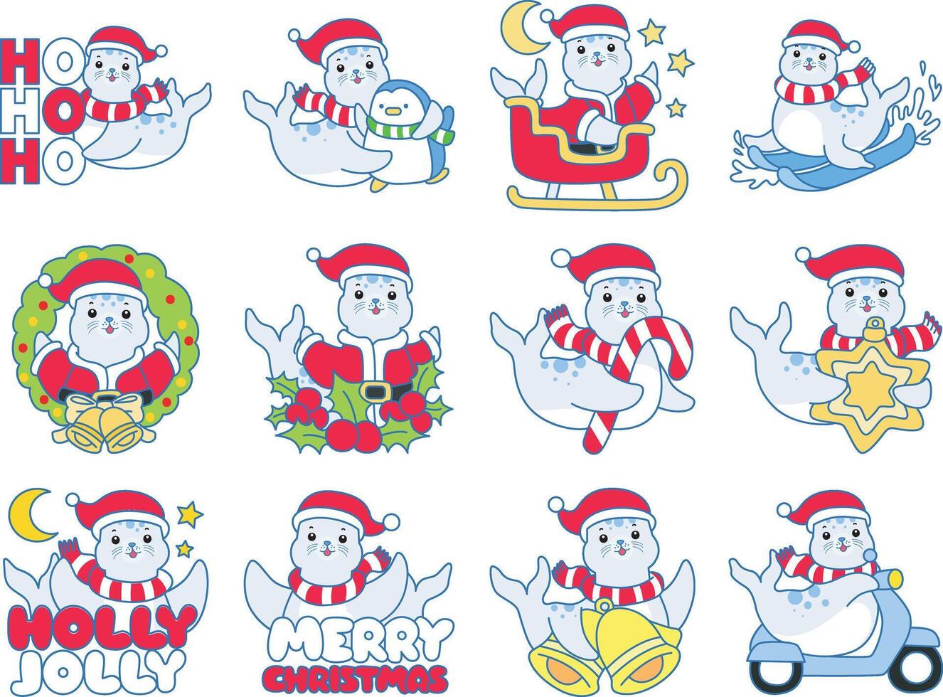 Baby seal with christmas costume. Cute Seal icon. Funny baby Seal animal series stock illustration. Life of fluffy Seal designs. vector