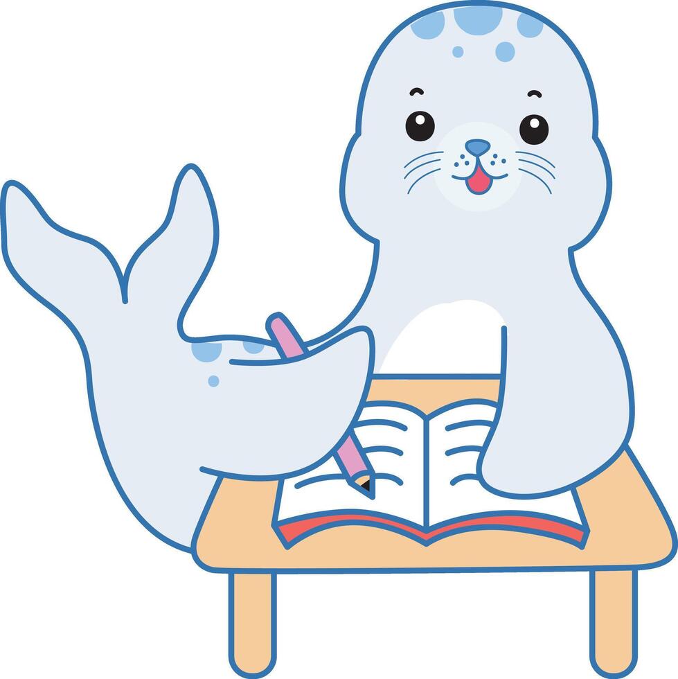 Baby seal writing in the book. Cute Seal icon. Funny baby Seal animal series stock illustration. Life of fluffy Seal designs. vector