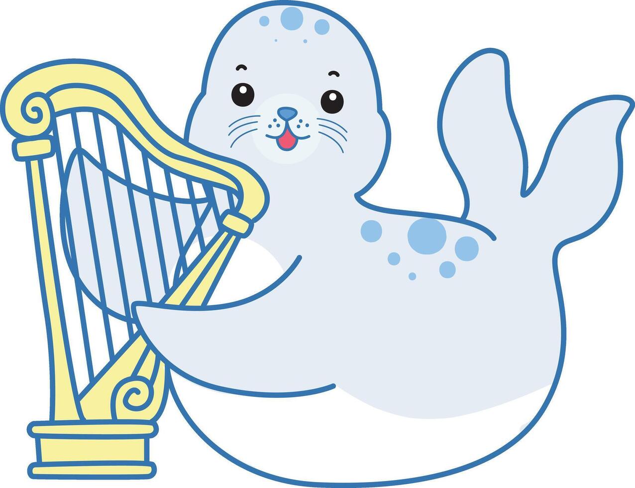 Baby seal playing a harpa. Cute Seal icon. Funny baby Seal animal series stock illustration. Life of fluffy Seal designs. vector
