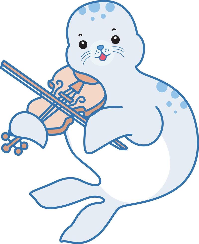 Baby seal playing violin. Cute Seal icon. Funny baby Seal animal series stock illustration. Life of fluffy Seal designs. vector
