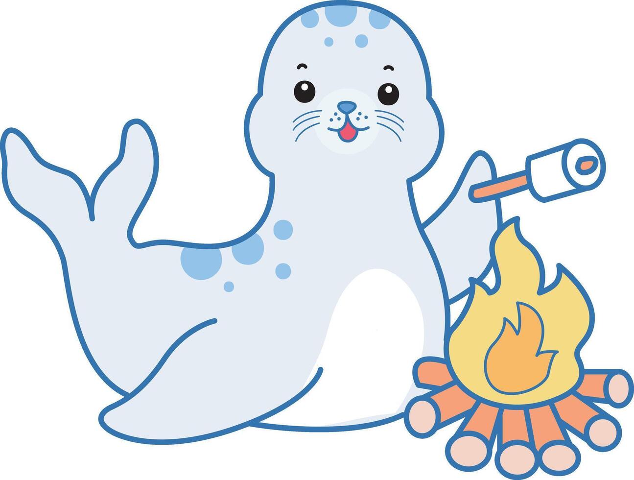 Baby seal roasting marshmallow. Cute Seal icon. Funny baby Seal animal series stock illustration. Life of fluffy Seal designs. vector