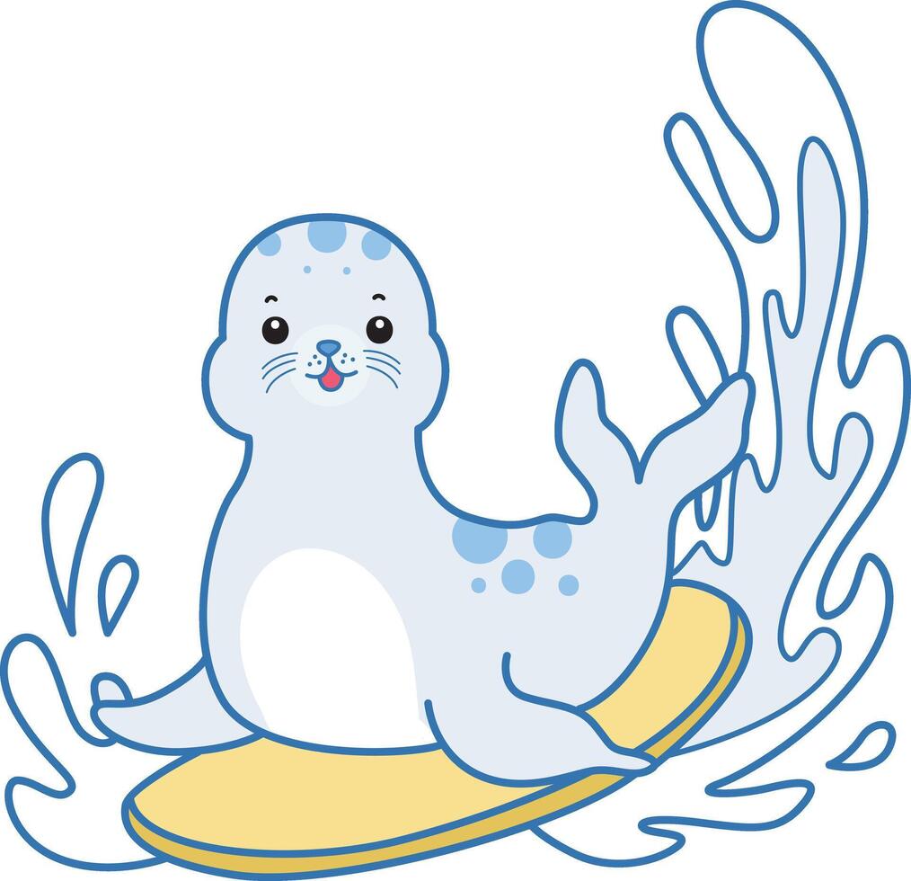 Baby seal playing a surfing in the wave. Cute Seal icon. Funny baby Seal animal series stock illustration. Life of fluffy Seal designs. vector