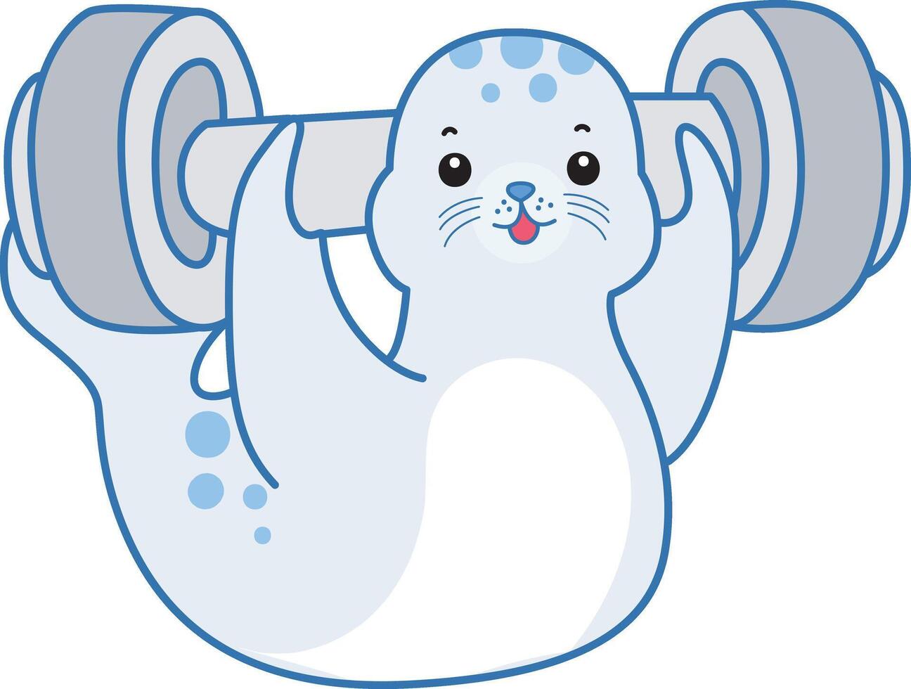 Baby seal lifting a dumbbell. Cute Seal icon. Funny baby Seal animal series stock illustration. Life of fluffy Seal designs. vector
