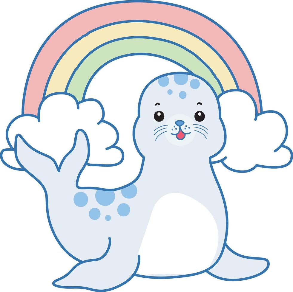 Baby seal in front of rainbow. Cute Seal icon. Funny baby Seal animal series stock illustration. Life of fluffy Seal designs. vector