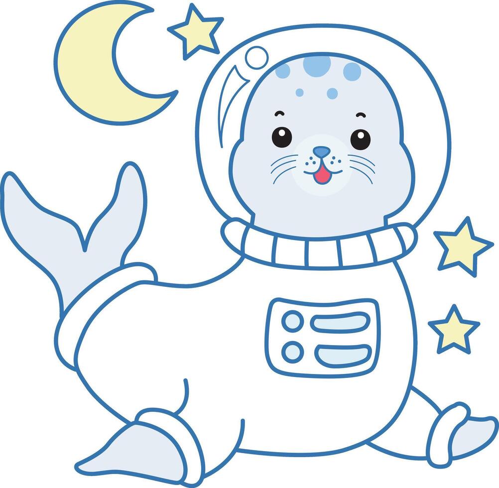 Baby seal with astronaut costume. Cute Seal icon. Funny baby Seal animal series stock illustration. Life of fluffy Seal designs. vector
