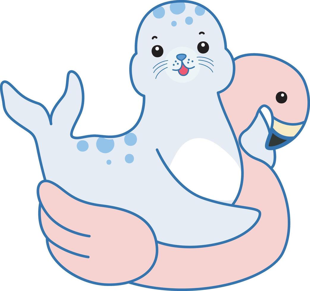 Baby seal stuck in the flamingo tire. Cute Seal icon. Funny baby Seal animal series stock illustration. Life of fluffy Seal designs. vector