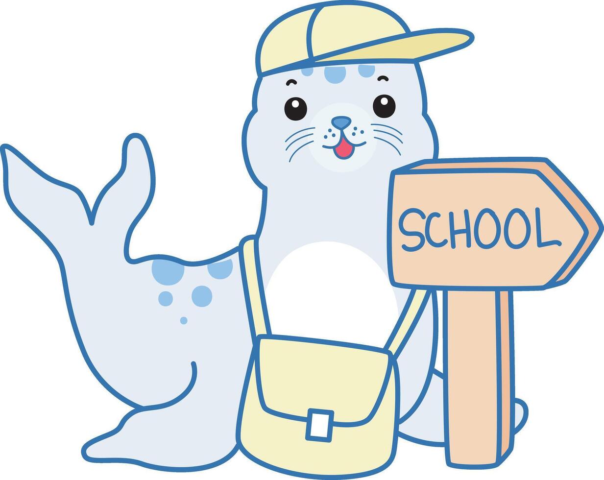 Baby seal going to school. Cute Seal icon. Funny baby Seal animal series stock illustration. Life of fluffy Seal designs. vector