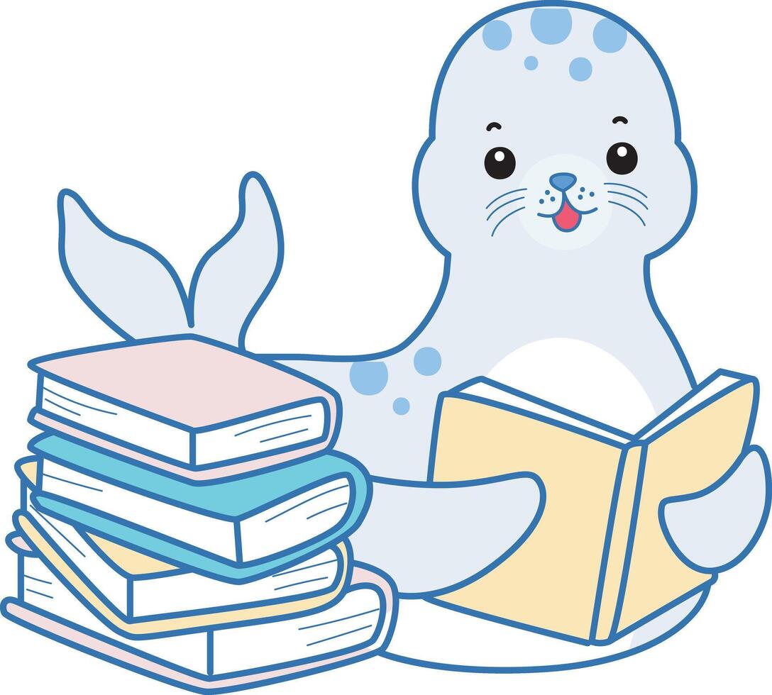 Baby seal reading a book. Cute Seal icon. Funny baby Seal animal series stock illustration. Life of fluffy Seal designs. vector