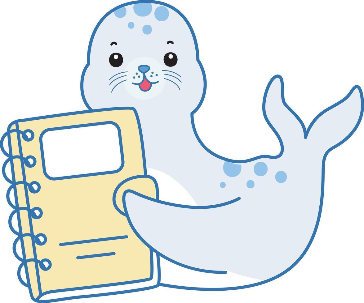 Baby seal bring a yellow book. Cute Seal icon. Funny baby Seal animal series stock illustration. Life of fluffy Seal designs. vector