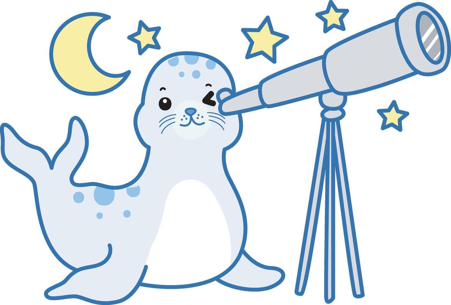 Baby seal with telescope. Cute Seal icon. Funny baby Seal animal series stock illustration. Life of fluffy Seal designs. vector