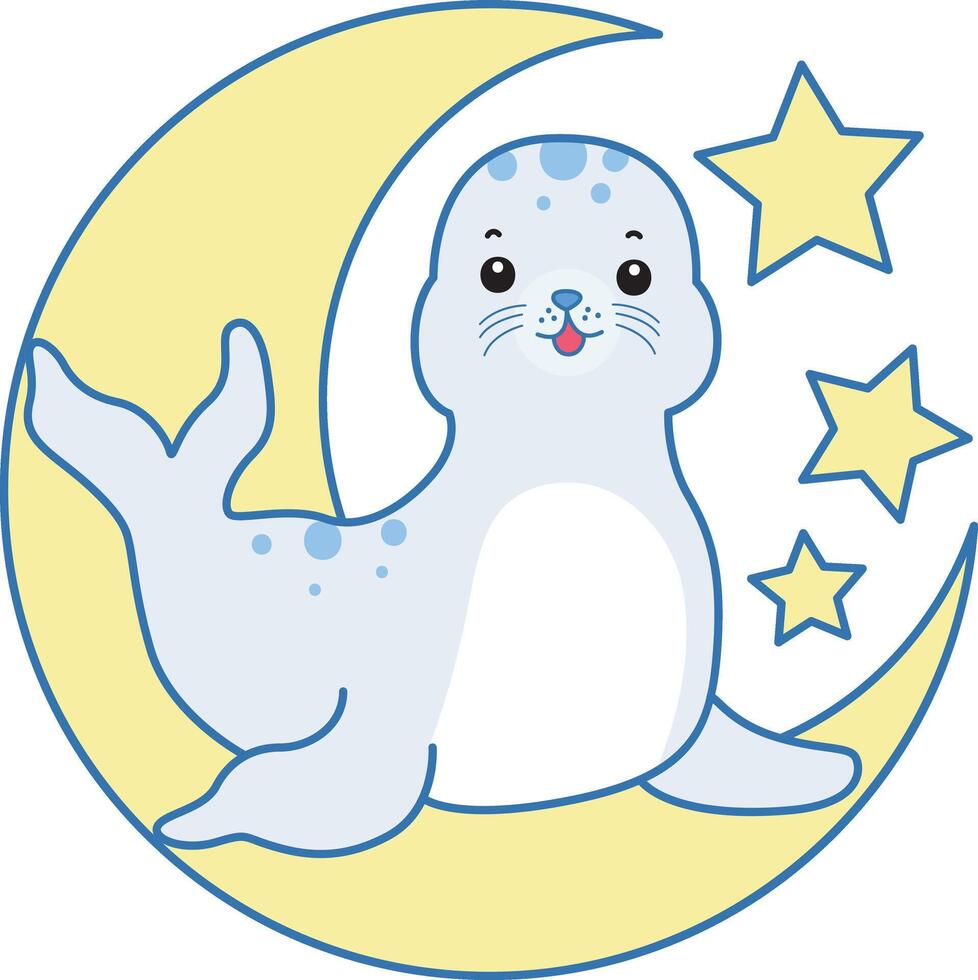 Baby seal in the moon. Cute Seal icon. Funny baby Seal animal series stock illustration. Life of fluffy Seal designs. vector