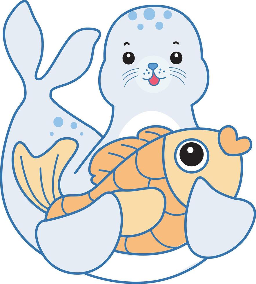 Baby seal bring a gold fish. Cute Seal icon. Funny baby Seal animal series stock illustration. Life of fluffy Seal designs. vector