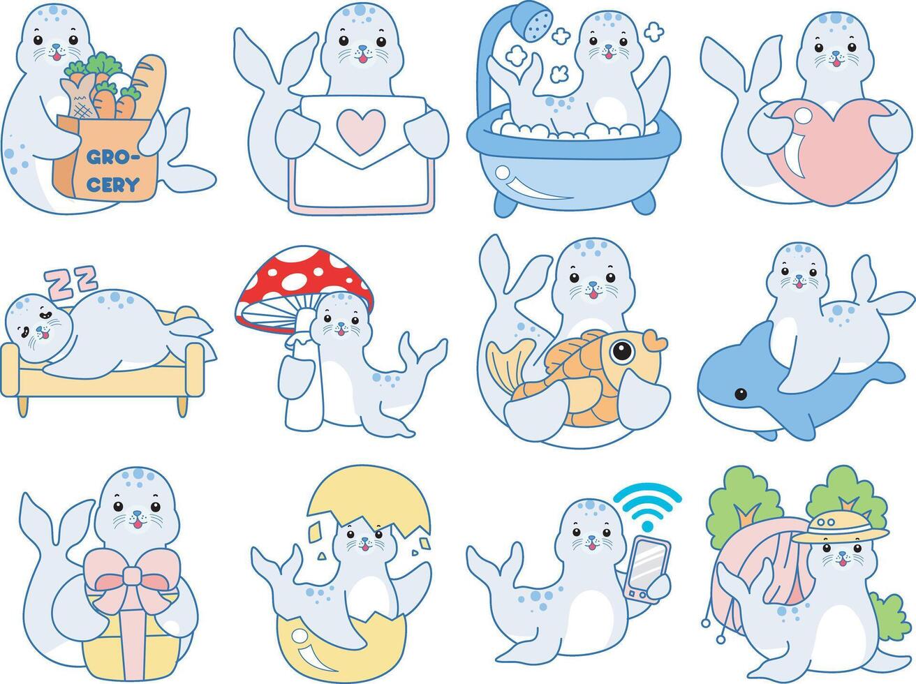 Daily life of baby seal. Cute Seal icon. Funny baby Seal animal series stock illustration. Life of fluffy Seal designs. vector