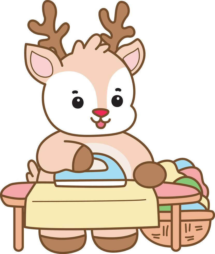 Baby deer ironing the clothes. Cute Deer icon. Funny baby Deer animal series stock illustration. Life of fluffy Deer designs. vector