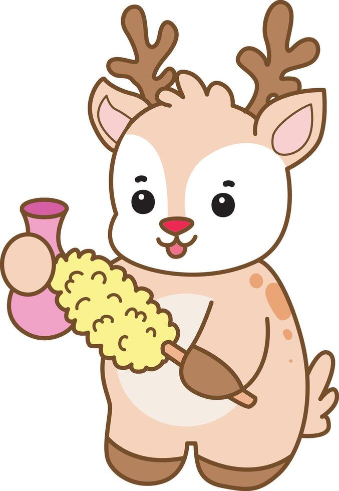Baby deer cleaning the vase with feather duster .Cute Deer icon. Funny baby Deer animal series stock illustration. Life of fluffy Deer designs. vector